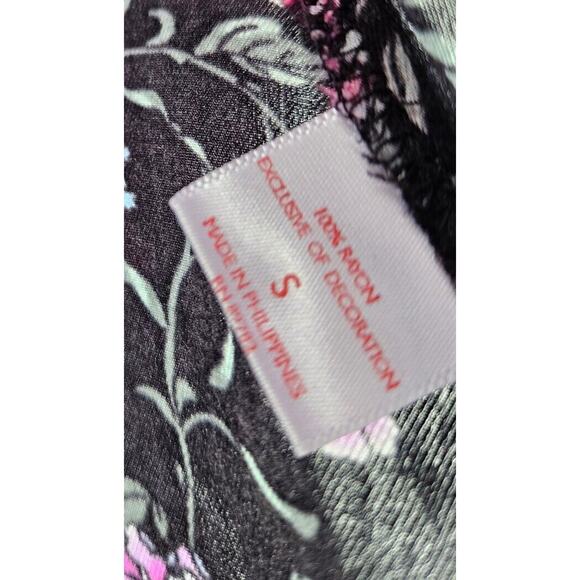 Josie Natori Pajama Top Womens Small Black Pink Floral Button Up Blouse Flowy - Picture 7 of 9